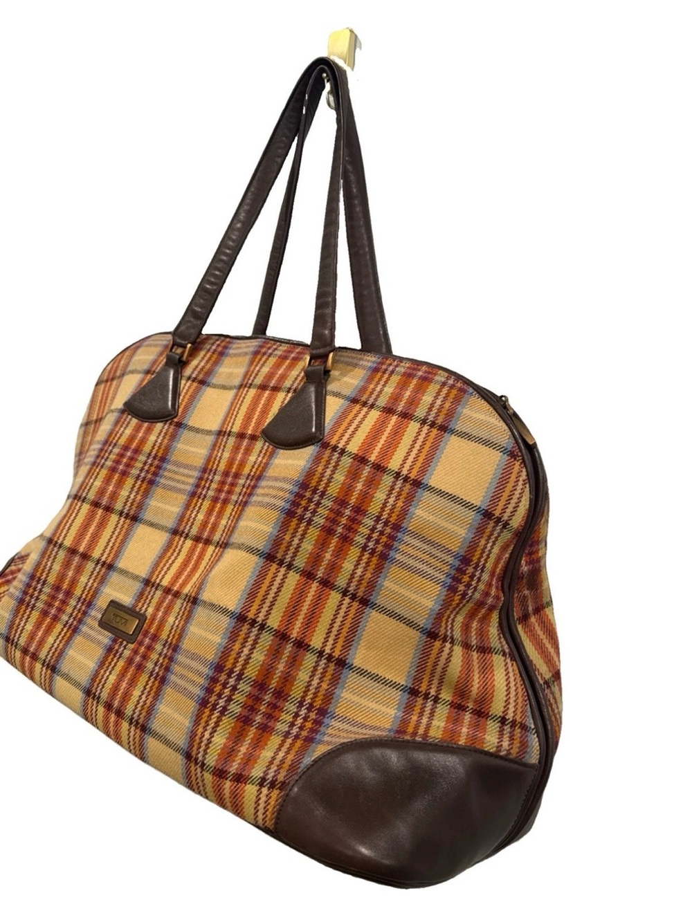 Tumi Weekender Camel Plaid & Leather Overnight Bag Preppy Vintage - Picture 2 of 12
